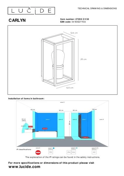 Lucide CARLYN - Wandleuchte Badezimmer - 1xE14 - IP54 - Schwarz - technisch